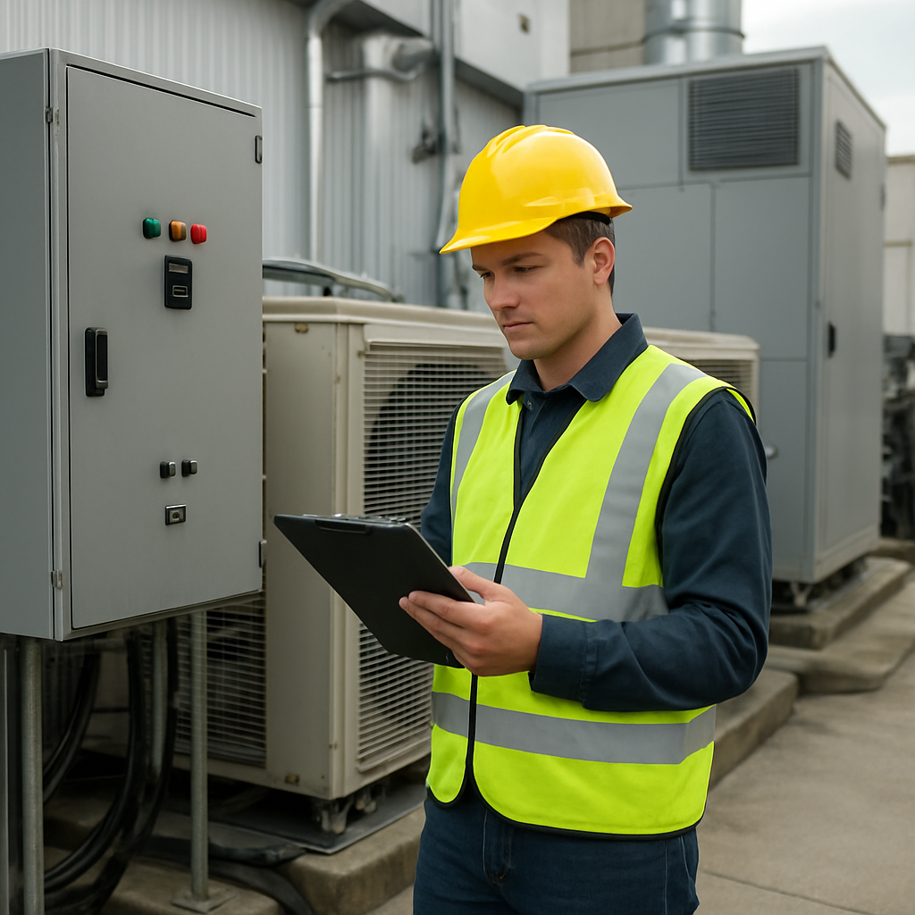 Field technician with a tablet near power and cooling equipment.