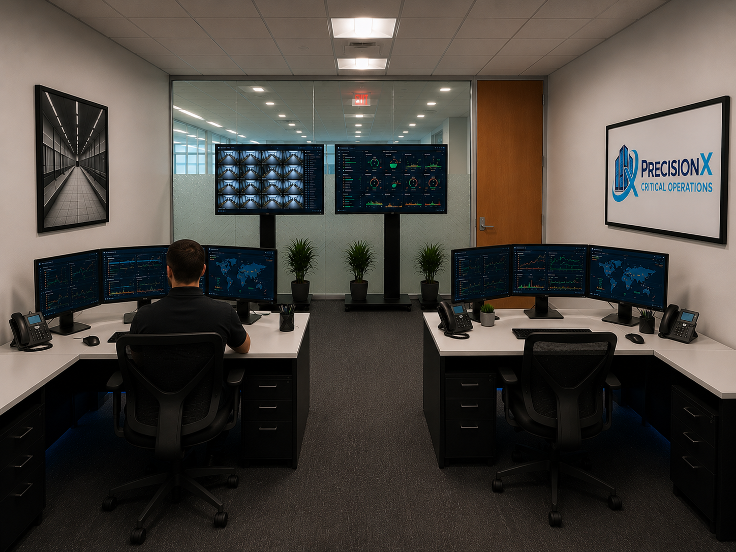 PrecisionX Critical Operations center with an operator monitoring dual workstations and wall-mounted dashboard displays.
