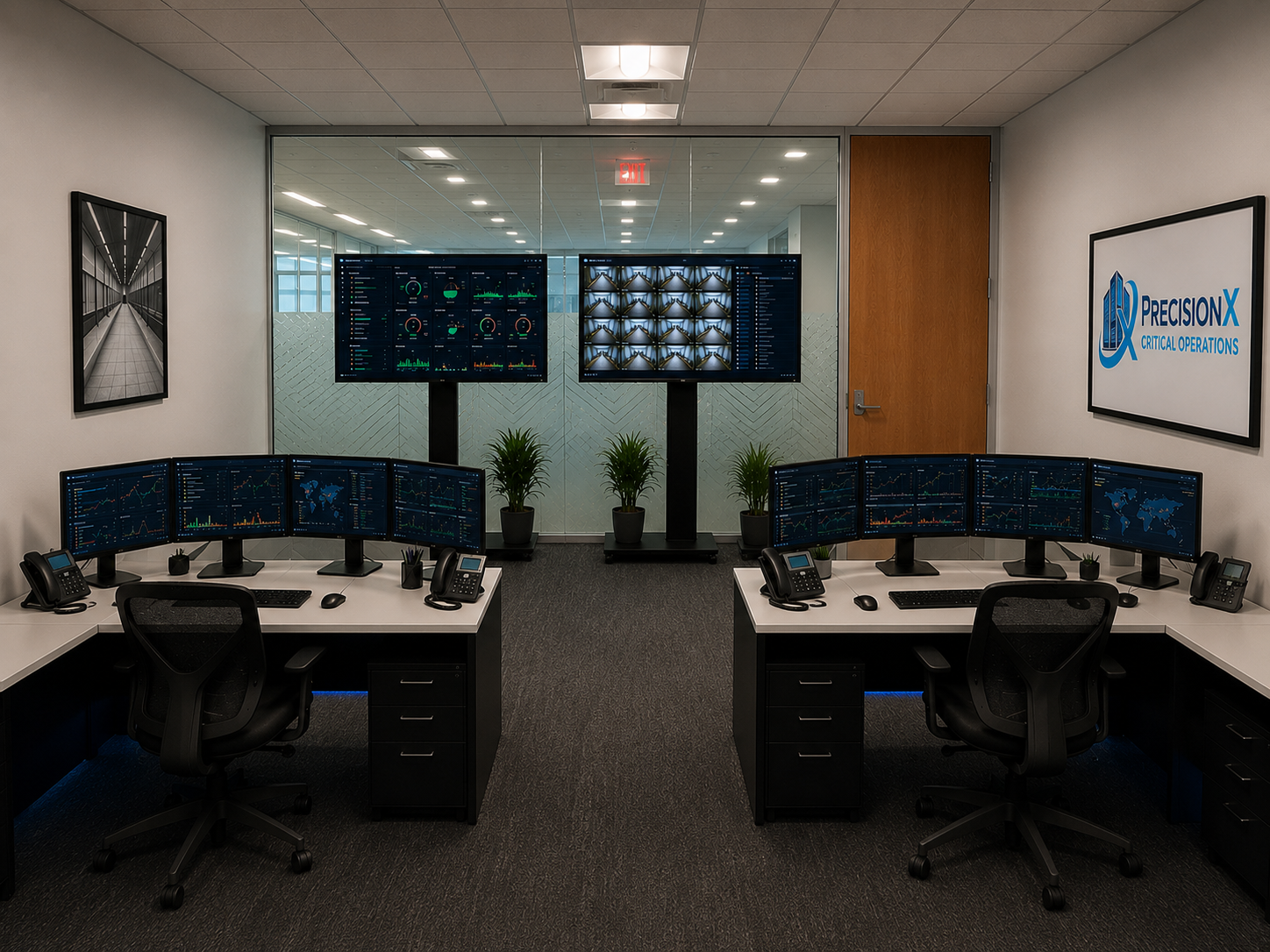 PrecisionX Critical Operations center with dual monitoring workstations and dashboard displays.