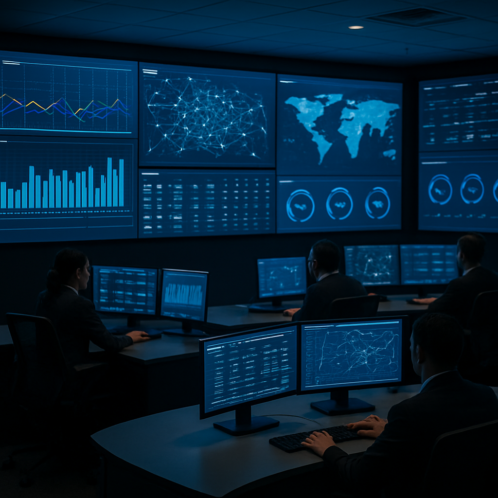 A mission-critical operations center with dashboards and analysts.